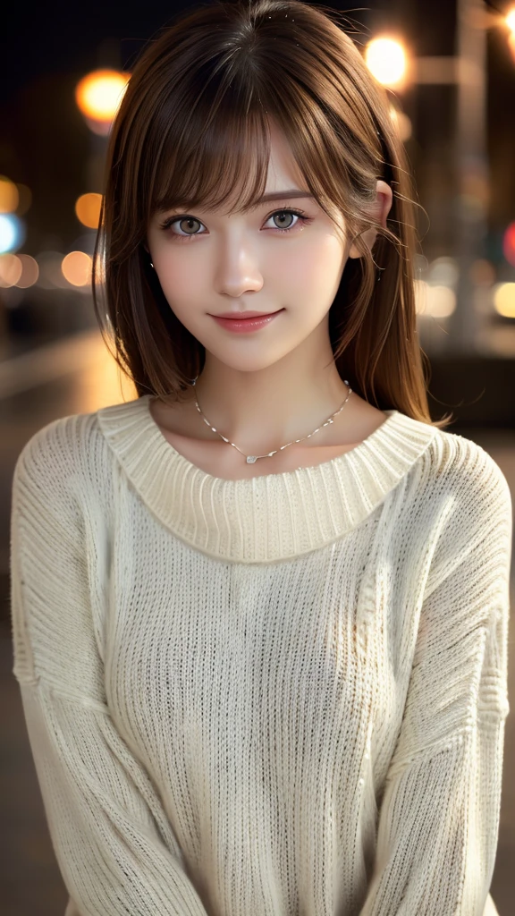 1 Girl,(ivory sweater:1.4),(Necklace around the neck:1.2), (RAW Photos, Highest quality), (Realistic, Photorealistic:1.4), Very delicate and beautiful, Very detailed, 8k wallpaper, wonderful, finely, Very detailed CG Unity, High resolution, Soft Light, Beautiful and detailed 19 year old girl, Very detailed目と顔, Beautiful and detailed nose, Beautiful and beautiful eyes,Cinema Lighting,City lights at night,Perfect Anatomy,Slender body,smile (Asymmetrical bangs, Light brown hair,)