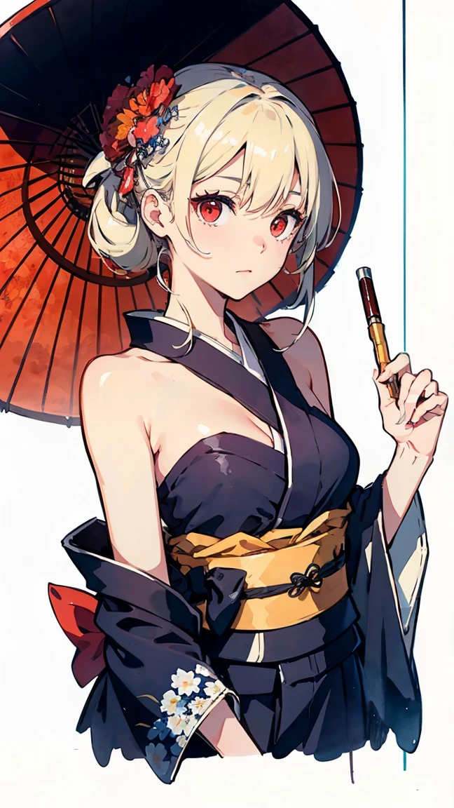 (masterpiece:1.2, Highest quality), (Beautiful Eyes: 1.2), ((1 Girl)), ((alone)), (Red eyes:1.4), (Beautiful Eyes and exquisite face:1.3), ( Beautiful and clear background: 1.2), (Very detailedCG, Very detailed, Best shade: 1.1), ((Depth of written boundary)), ((watercolor)), (They are: 1.5), (kimono: 1.3), big , Bare shoulders, Flowers and petals, Beautiful concept art, (White Background: 0.5), (figure: 1.1), (Very sophisticated: 1.1), (Perfect detail: 1.1), Contour, Cowboy Shooting,Hyuuga Hinata