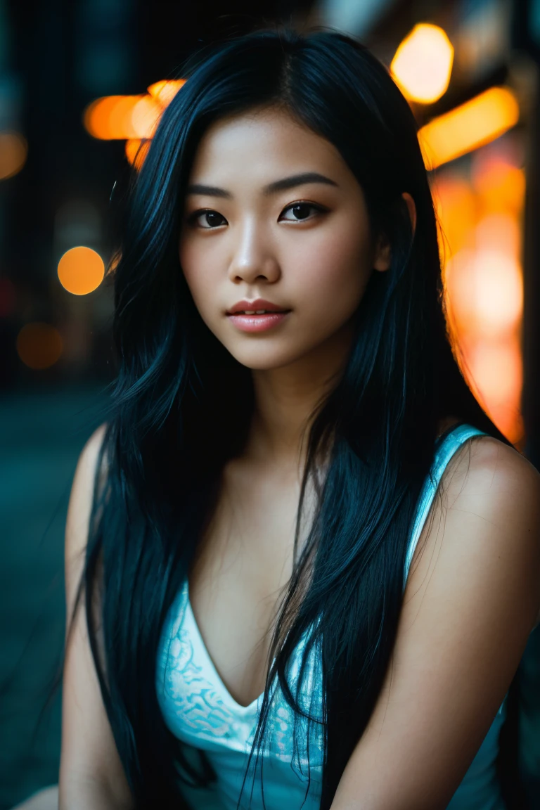 arafed woman with long black hair with blue high lighs sitting on the beach, flowing black hair, with black hair (((with blue high lights))), photo of a beautiful woman, long flowing blck hair, pink golden hour, curly black hair, beautiful young asian woman, beautiful asian woman, wild ginger hair, pink wispy hair, light pink hair, a young asian woman, an asian woman, infp young woman, Portrait photo of a 24-year-old french girl in RAW UHD format (Brown-eyed woman) Walk down the dark alley, night city, Details (textures! , Hair! , glistering, Color!! , imperfections: 1.1), highly detailed glossy eyes (looking at the camera), DSLR Lighting, SLR camera, Ultra-Quality, sharpness, Depth of field, Film grain (Downtown), Fujifilm XT3, Crystal clear, Frame Center, beatiful face, sharp-focus, neon lighting, bokeh (dimly lit), night time, (night  sky), detailed skin pores, oilly skin, suntan, Complex eye details