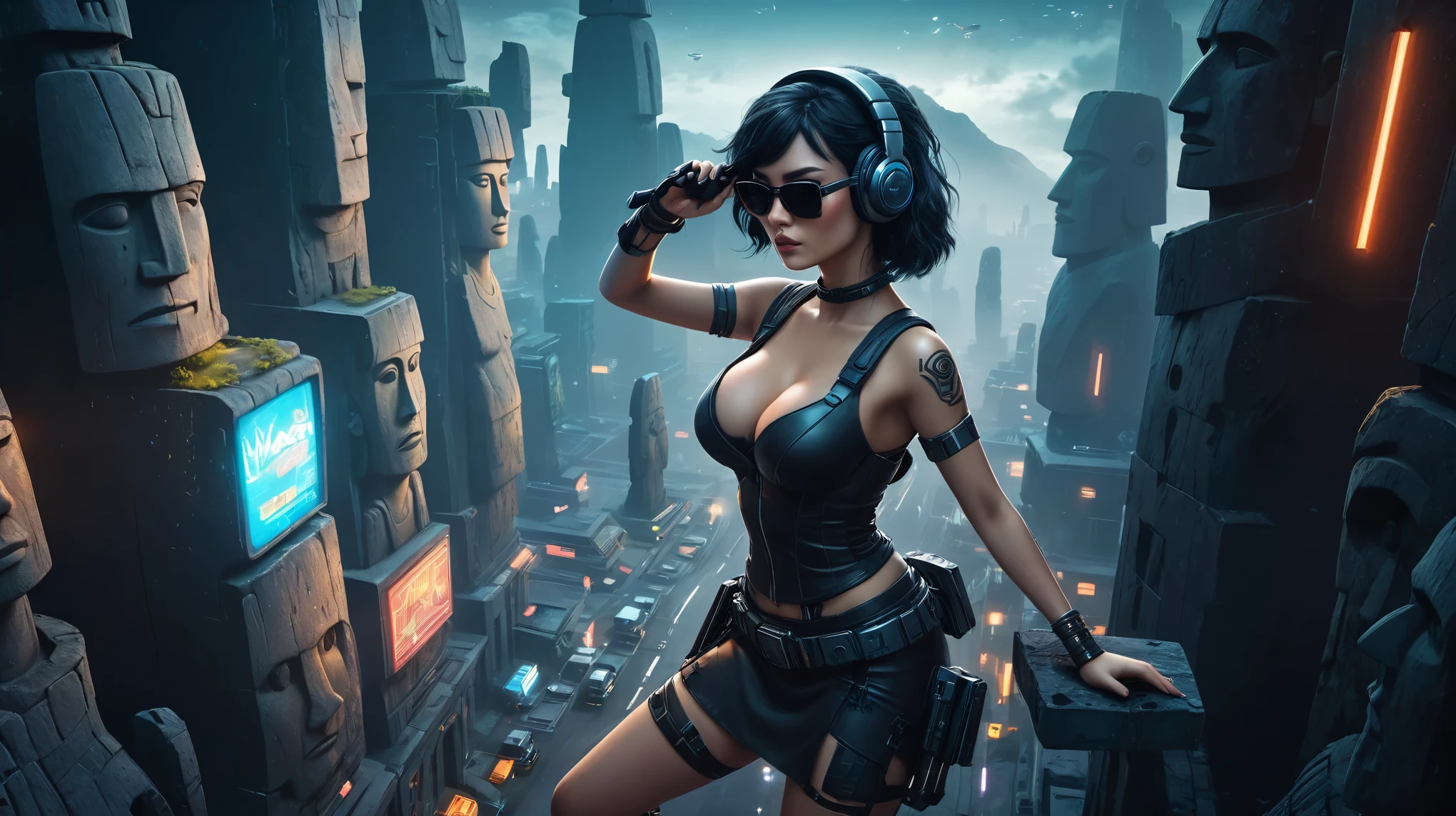 At night, dark sky, distant shot aerial view of fantasy cyberpunk style ((Moai-statue)) city, ((flying vehicle)). ((1girl, solo, alone)), medium-:1.1 slim body, cleava clothes, adphone, black sunglasses, long black realistic hair), (((hip-up standing and holding pistol))), half-body thigh level medium shot, cinematic lighting.