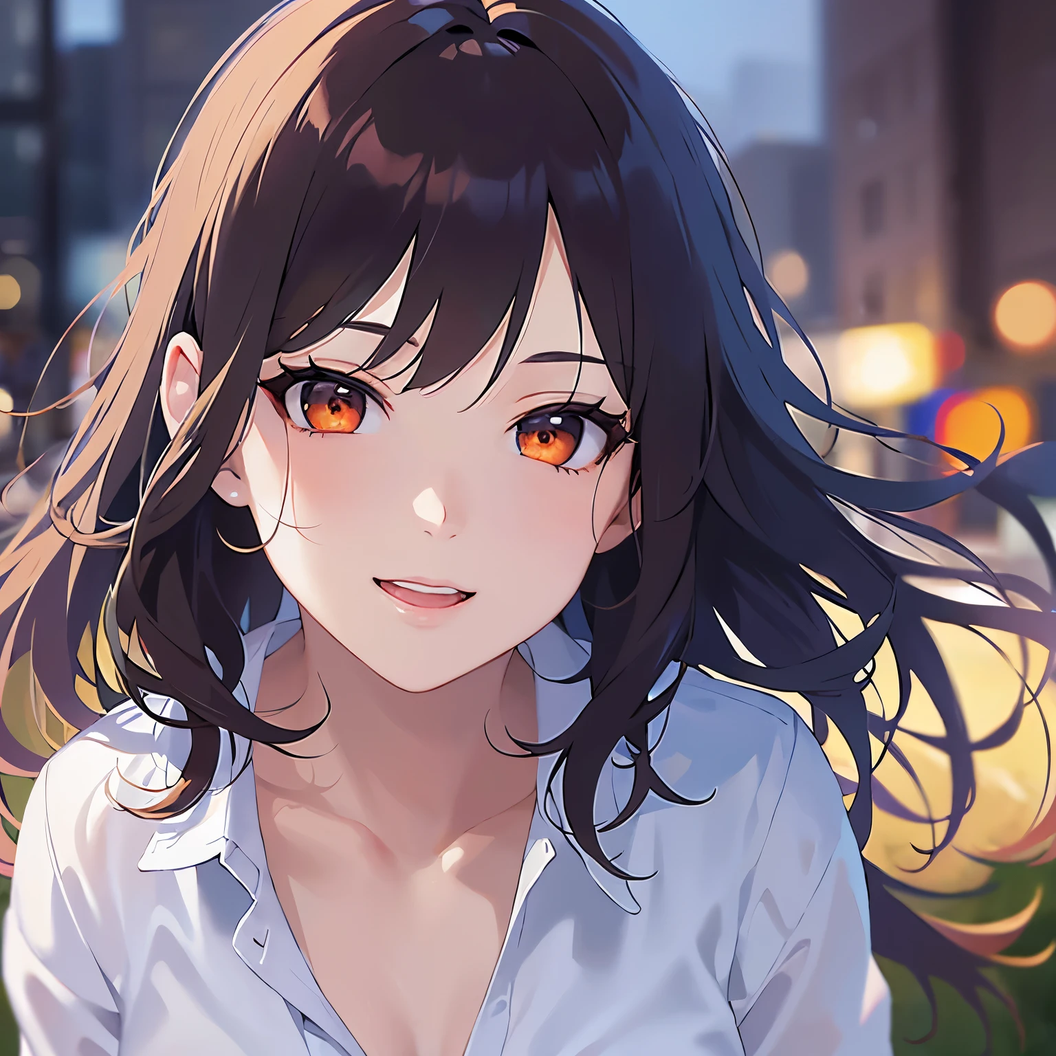 lookin at viewer,upper Body, Shooting from above、head tilt、
 Realistic, real person, (pale skin: 1.2), RAW photo, photorealistic, shiny skin, shiny hair、
(A 25-year-old woman with bob hair and bangs) and (wavy hair) and (brown hair) and (Orange Eyes)、(business suit)and (Wearing a white collared shirt)、
open mouth,smile,（Midnight in the Park：1.5）（Night Sky：1.5）