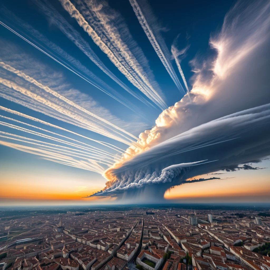 Ground view photography in Ultra-realistic depiction of the sky over Turin, nebula-like chemtrails meandering through the atmosphere, pollutant tendrils interwoven with natural cloud formations, vast canvas captured at 32k resolution, plays on light and shadow, ominous mood, pollution juxtaposed with beauty, golden ratio composition, wide-angle lens view, sunset backlighting, ultra fine detail, high dynamic range photography, cinematic lighting, Best Quality, High Quality, High Resolution, Reinforcement Details, HDR