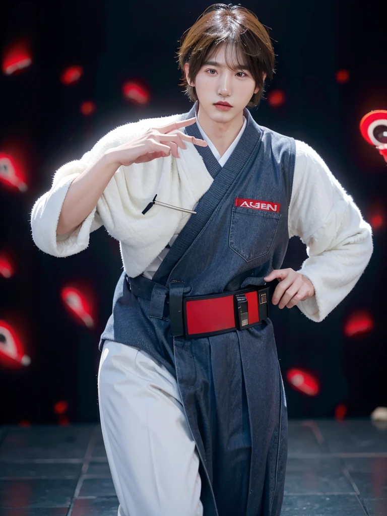 a very handsome Korean man, has 6 arms like an adult, posing with akai