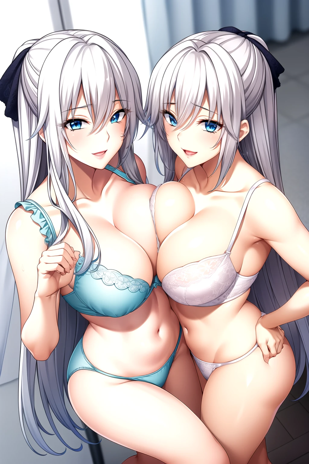 Mother and Daughter，Light滑的皮肤, light blue bra, light blue lace, light blue underwear,Full body pictures, White hair,blue Eye,Long hair, 1 girl, 25 years old,Young women,beautiful Finger,beautiful long legs,beautiful body,beautiful Nose,beautiful character design, perfect Eye, perfect Face,expressive Eye,Perfect balance, Looking at the audience,(Focus on her Face),Residence, (Innocent_Big goals_Eye:1.0),Light_Smile, Official Art,Very detailed CG unity 8k wallpaper, Perfect lighting,rich and colorful, bright_front_Face_Lighting,Light skin, (masterpiece:1.0),(the best_quality:1.0), Ultra-high resolution,4K,Very detailed, photography, 8K, Human Development Report, high resolution, absurdist:1.2, Kodak Portrait 400, Film Grain, Blurred background, Bokeh:1.2, Lens Light Halo, (Energetic_color:1.2),专业photography师, (beautiful,Chest:1.3 (beautiful_Face:1.5),(narrow_waist),Smile, Happy, light blue bra，Slim