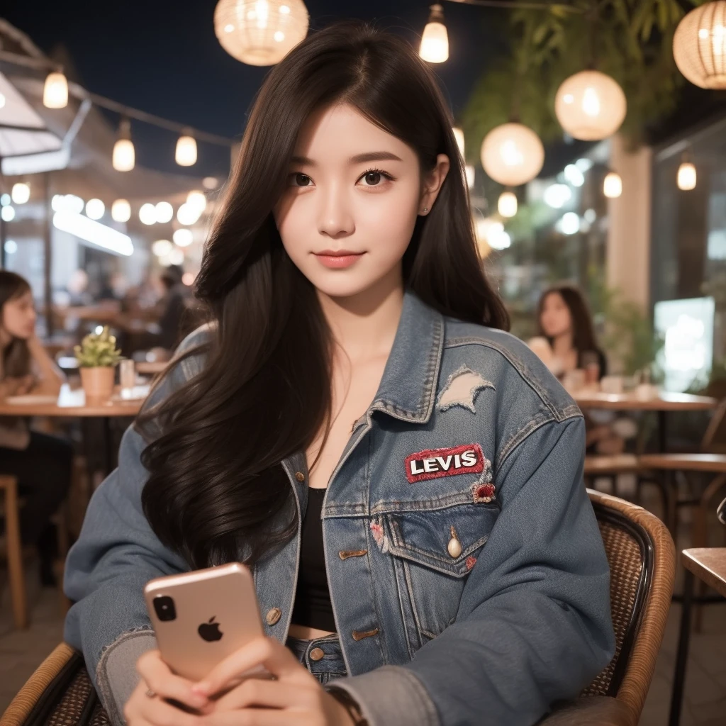 A beautiful woman aged 20 years, long hair, black, full body, use , jacket levis, Wear casual clothes, was sitting on a cafe chair, holding an iPhone, decorated with cafe lights, looking forward, faint smile, cafe courtyard background, in the evening, very detailed 8k