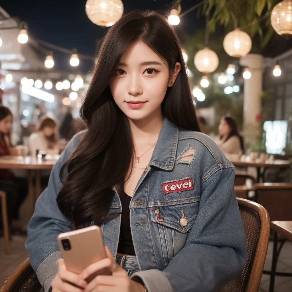 A beautiful woman aged 20 years, long hair, black, full body, use , jacket levis, Wear casual clothes, was sitting on a cafe chair, holding an iPhone, decorated with cafe lights, looking forward, faint smile, cafe courtyard background, in the evening, very detailed 8k
