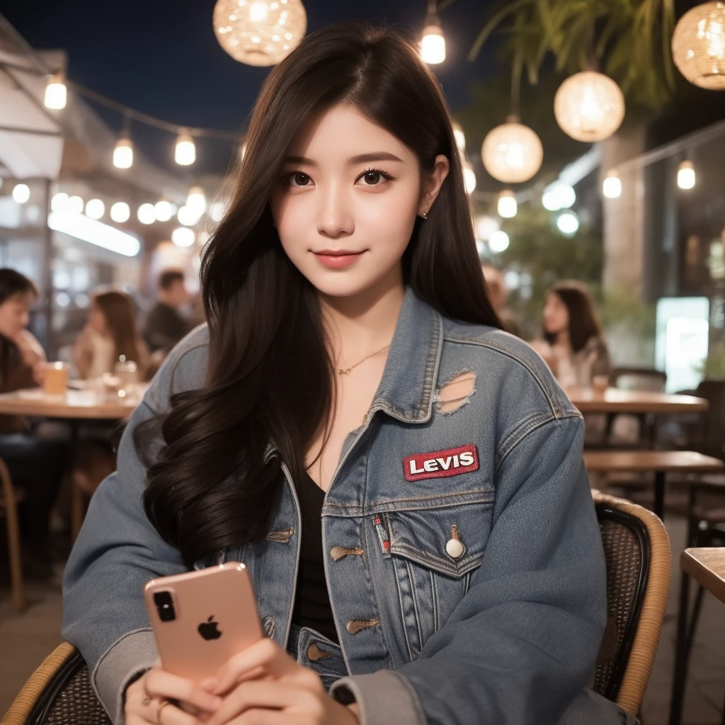 A beautiful woman aged 20 years, long hair, black, full body, use , jacket levis, Wear casual clothes, was sitting on a cafe chair, holding an iPhone, decorated with cafe lights, looking forward, faint smile, cafe courtyard background, in the evening, very detailed 8k