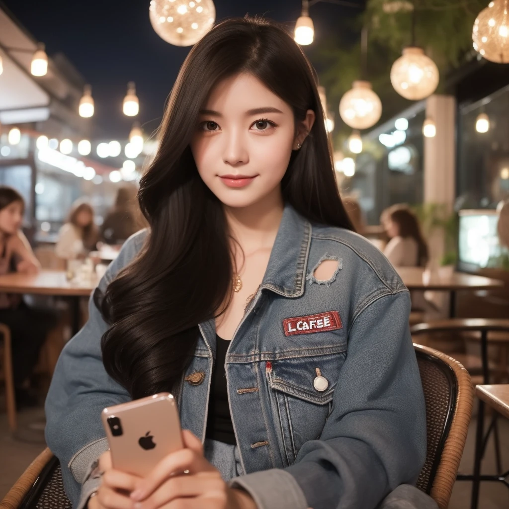 A beautiful woman aged 20 years, long hair, black, full body, use , jacket levis, Wear casual clothes, was sitting on a cafe chair, holding an iPhone, decorated with cafe lights, looking forward, faint smile, cafe courtyard background, in the evening, very detailed 8k
