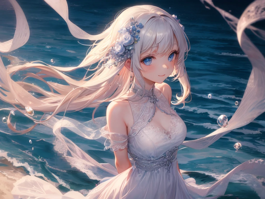 art by Cornflower,(​masterpiece),(top-quality:1.2),(perfect anatomy),((arms behind back)),(1 girl),the image of an albino girl with a mysterious aura,beautiful detailed blue eyes,blue elegant clothes,blue long hair,elegant face,(Highly detailed elegant),sideways glance,view from side,down light,Through delicate lines and gorgeous colors,captivating smile,,ethereal glow,there was a beautiful ocean with crystal clear water and water droplets on the surface,create an ethereal atmosphere like a dream