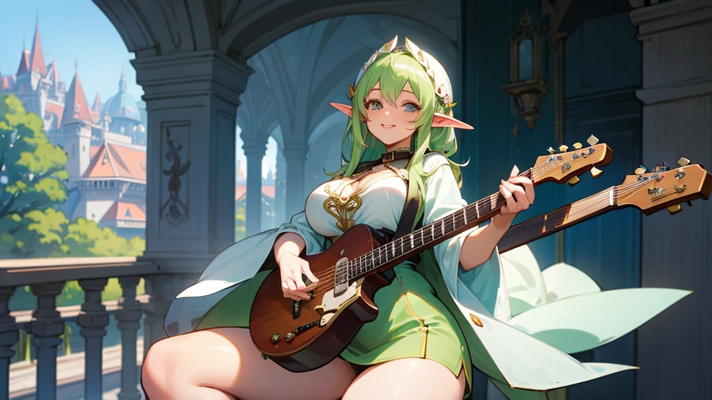 Thick thighs,Anime Style,A detailed background with many people,Magical World,A lively balcony with many people,Smiling bard beautiful elf girl,guitar,Large Breasts