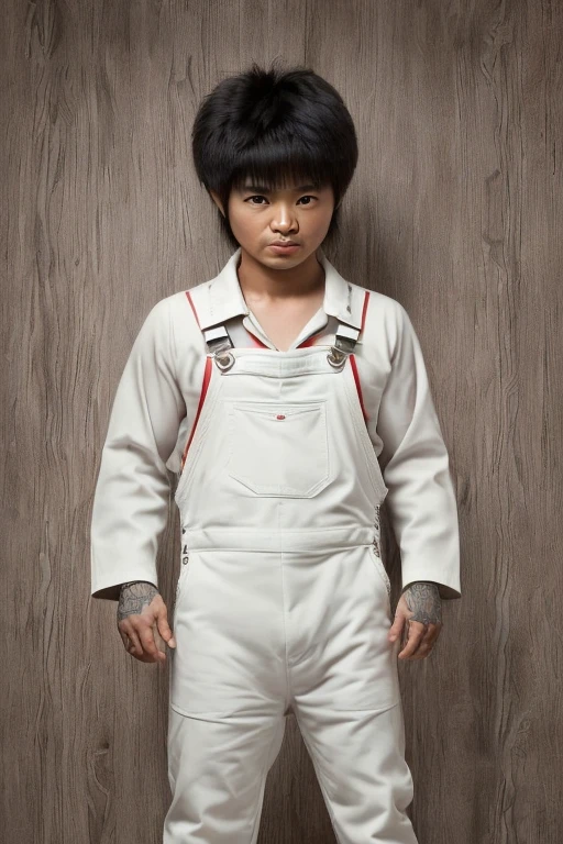 ((hair, Ultra-high resolution, Highest quality, masterpiece: 1.2) Japan comedians,Portrait of Hiroya Yamazaki of Untouchable,Fashion is overalls workwear,A face like home base,Very narrow eyes,Short Hair,No beard,Drunk,Pervert,Big Head,Background is factory,