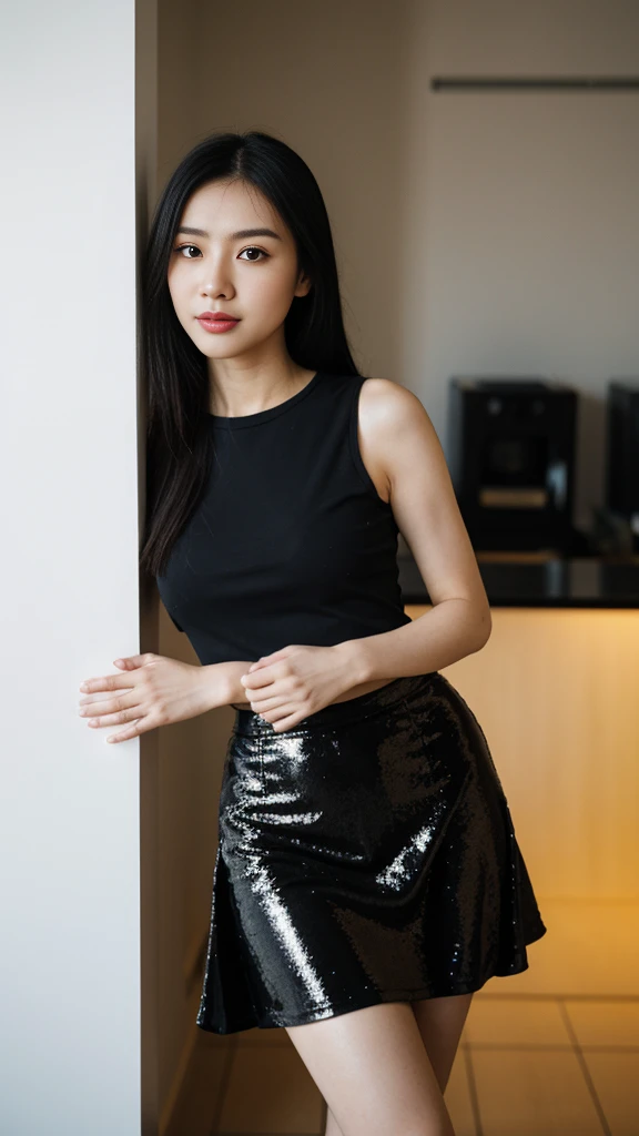 a Chinese woman with beautiful Delicate eyes, Beautiful and delicate lips, Extremely detailed face and skin, Pale skin, 23 years old, wearing a t-shirt, black sequined skirt, skirt, high heels, medium long shot, dancing in the dance hall, beautiful lights, sexy figure, long legs, full body portrait. Beautiful photography,Long eyelashes, Good anatomy , Practical skin texture, Delicate eyes, professional, 4K, Wide-angle lens, Optical Depth of Field, Kodak Vision Color, Perfectly proportioned body, Extremely detailed, ultra-photoPractical, Practical, Post-Processing, Maximum details, Roughness, real life, ultra -Practical, Photorealism, photography, 8K Ultra HD, photography