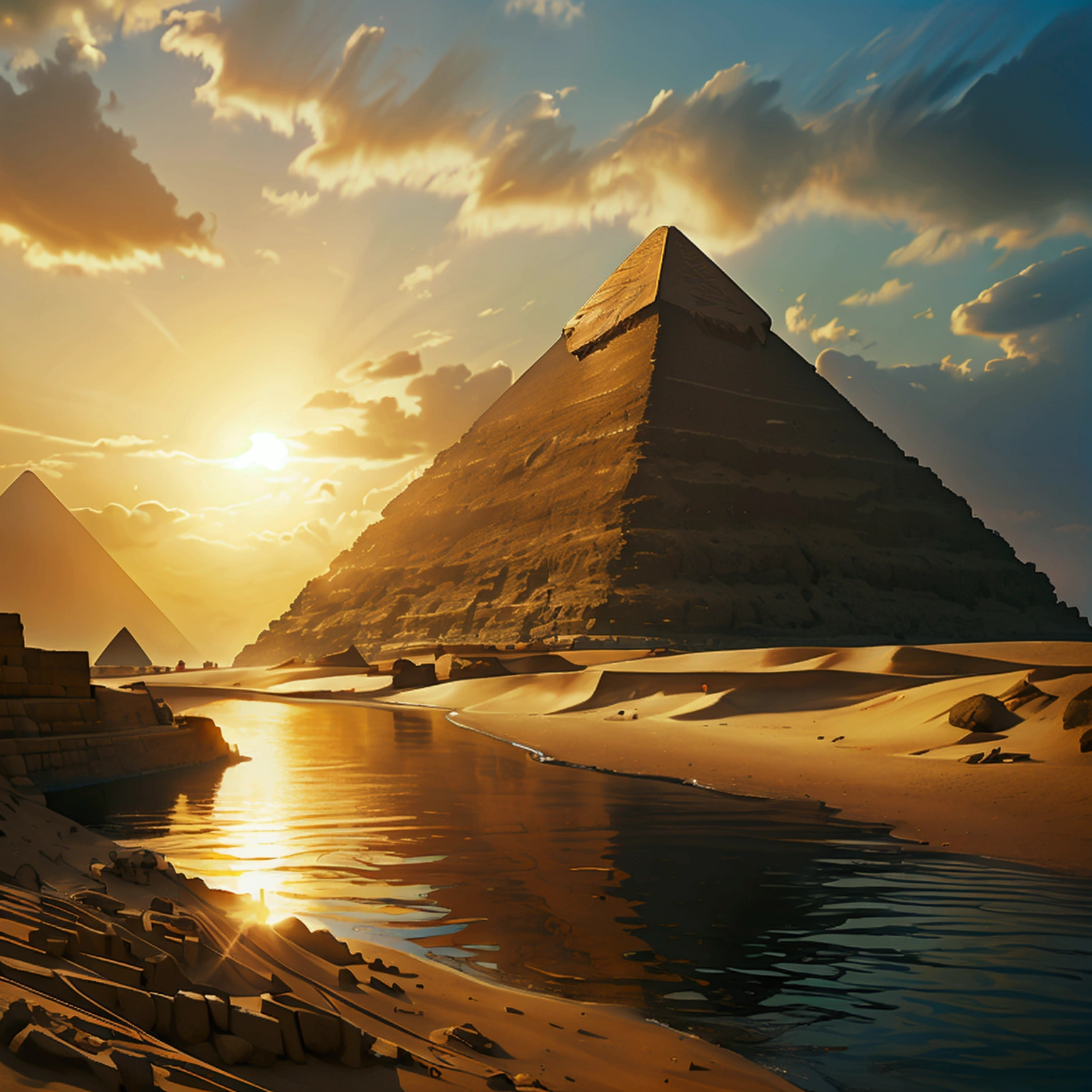 Show images of the Pyramids of Giza and the Nile River.