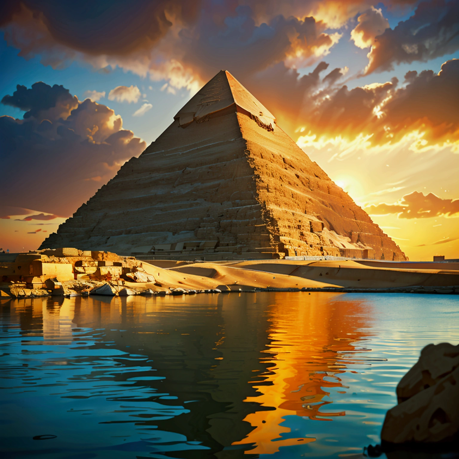 Show images of the Pyramids of Giza and the Nile River.
