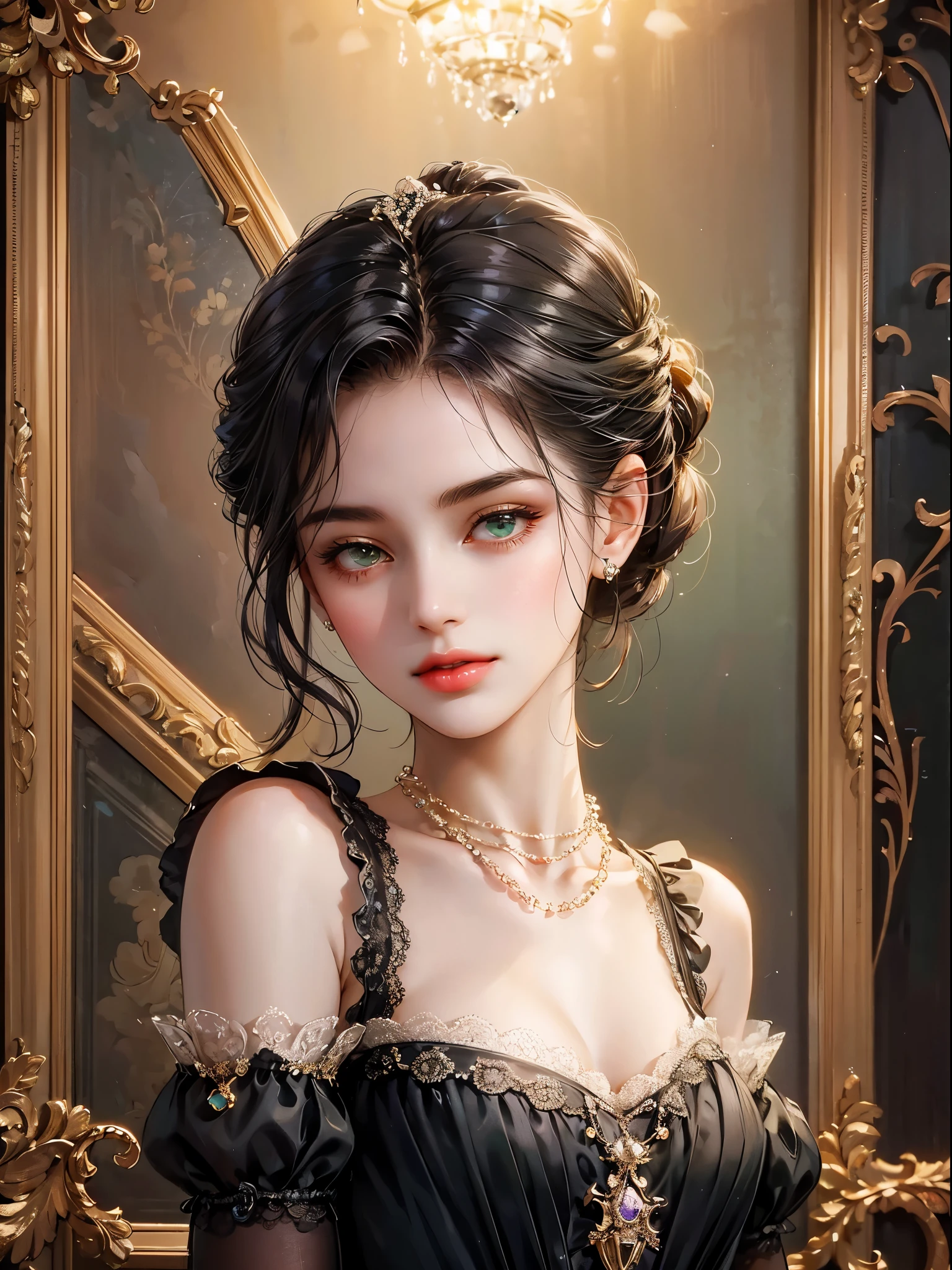 Repainting the dress. She wears a low-cut dress. She wears a dress from the Victorian era with two black lace shoulder straps.