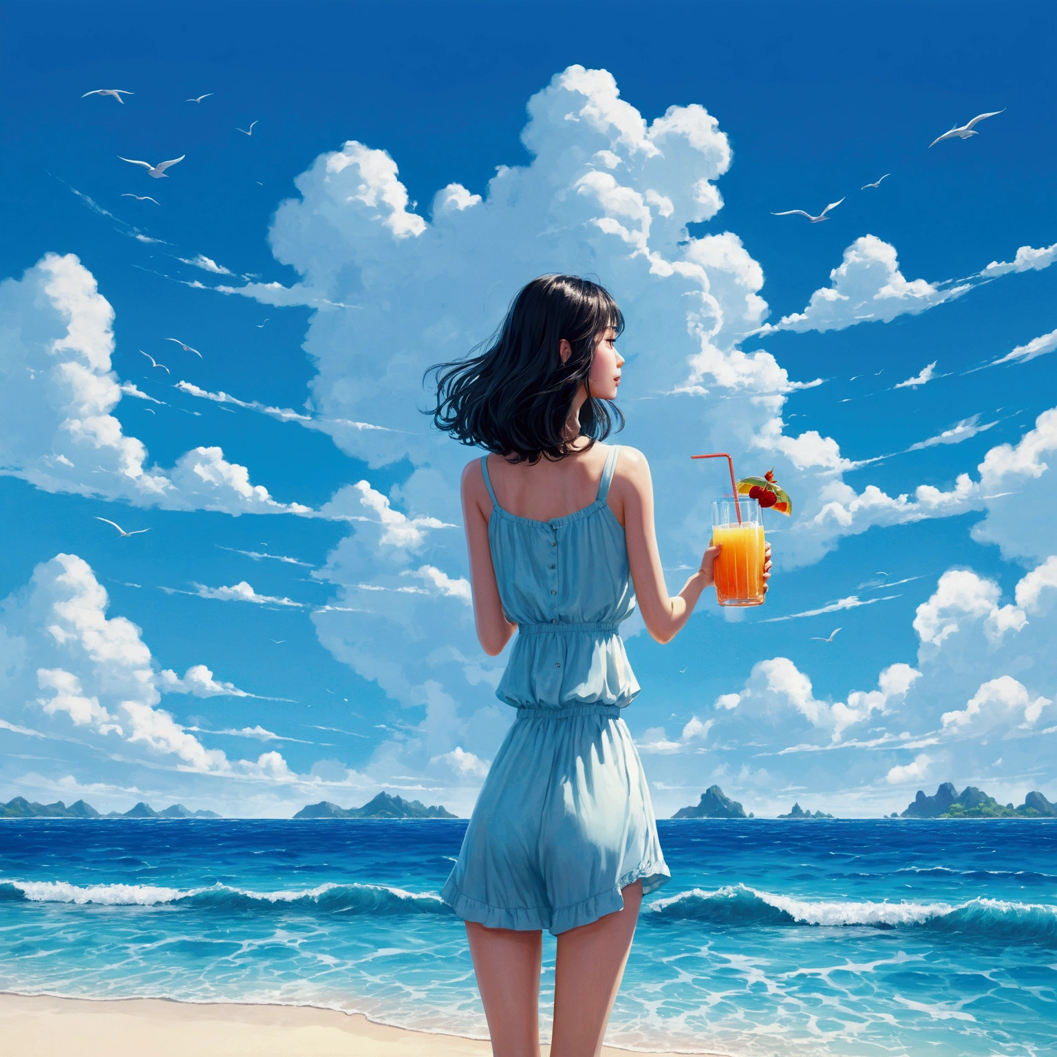 blue sky，Baiyun，Ocean，Tropical Juice,vacation,Girl,An illustration