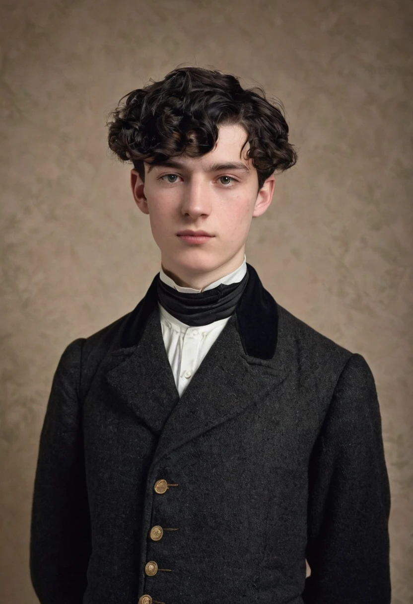 A thin lowborn young man from the victorian age. He is tall. He is 19 years old. He looks nervous and is average looking. He has short black hair that’s kept in a sidepart, but his hair is also slightly curly on the ends. He is thin and his skin is pale. He is dressed in a winter suit.