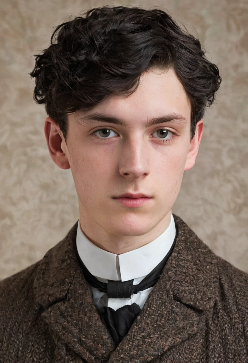 A thin lowborn young man from the victorian age. He is tall. He is 19 years old. He looks nervous and is average looking. He has short black hair that’s kept in a sidepart, but his hair is also slightly curly on the ends. He is thin and his skin is pale. He is dressed in a winter suit.