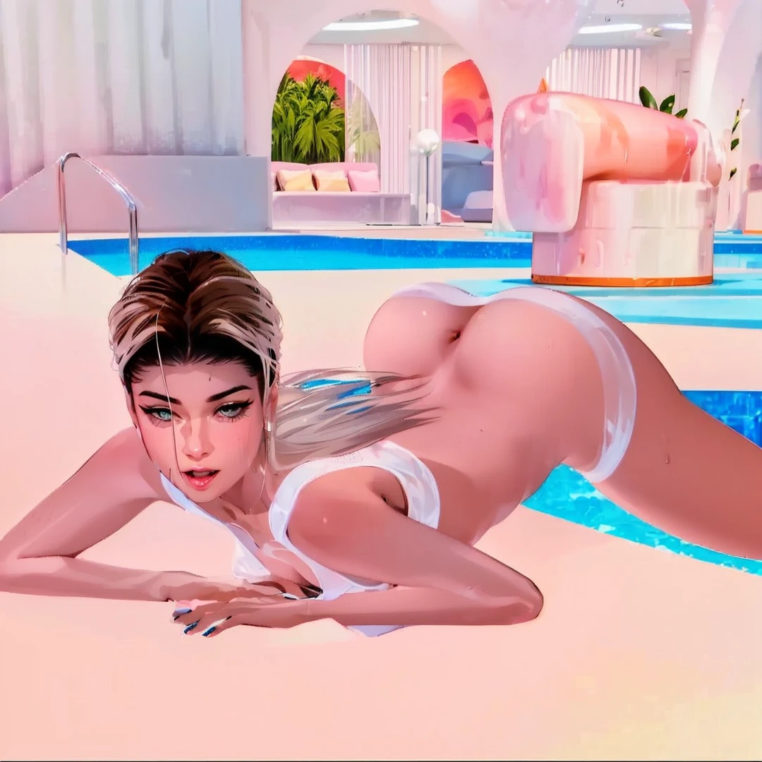 A woman in transparent bikini, in a sexy pose, just came out of the pool, wet body and wet hair, lying down with her ass up, ((NSFW))