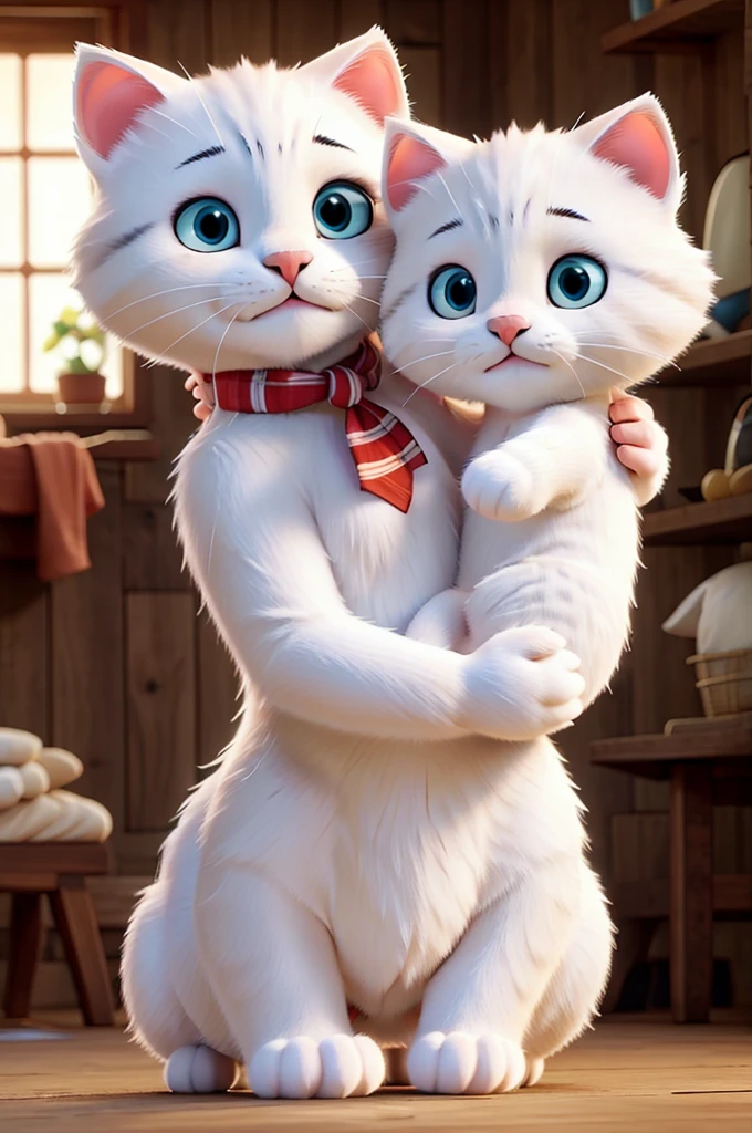 White cat holding her cub in her arms and the cub has tears in her eyes