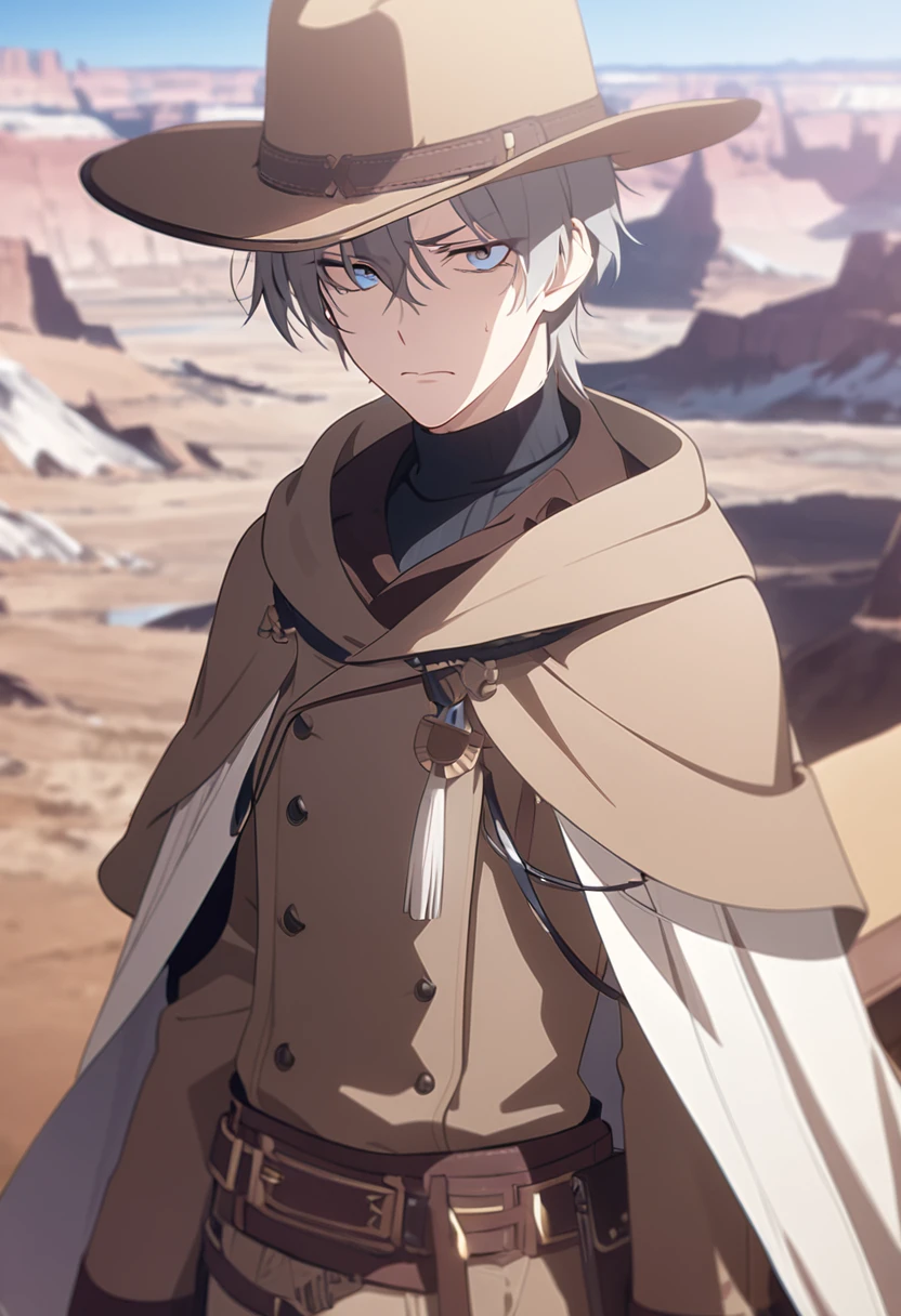masterpiece,best quality,depth of field,8K,looking at the viewer,Dark and light gray hair,blue eyes,light brown chaps,dark brown poncho,갈색 Ten gallon hat,brown leather jumper,chic,wseifuku,male,sky,frowning,looking around,badlands,male,(charismatic eyes 1:1)