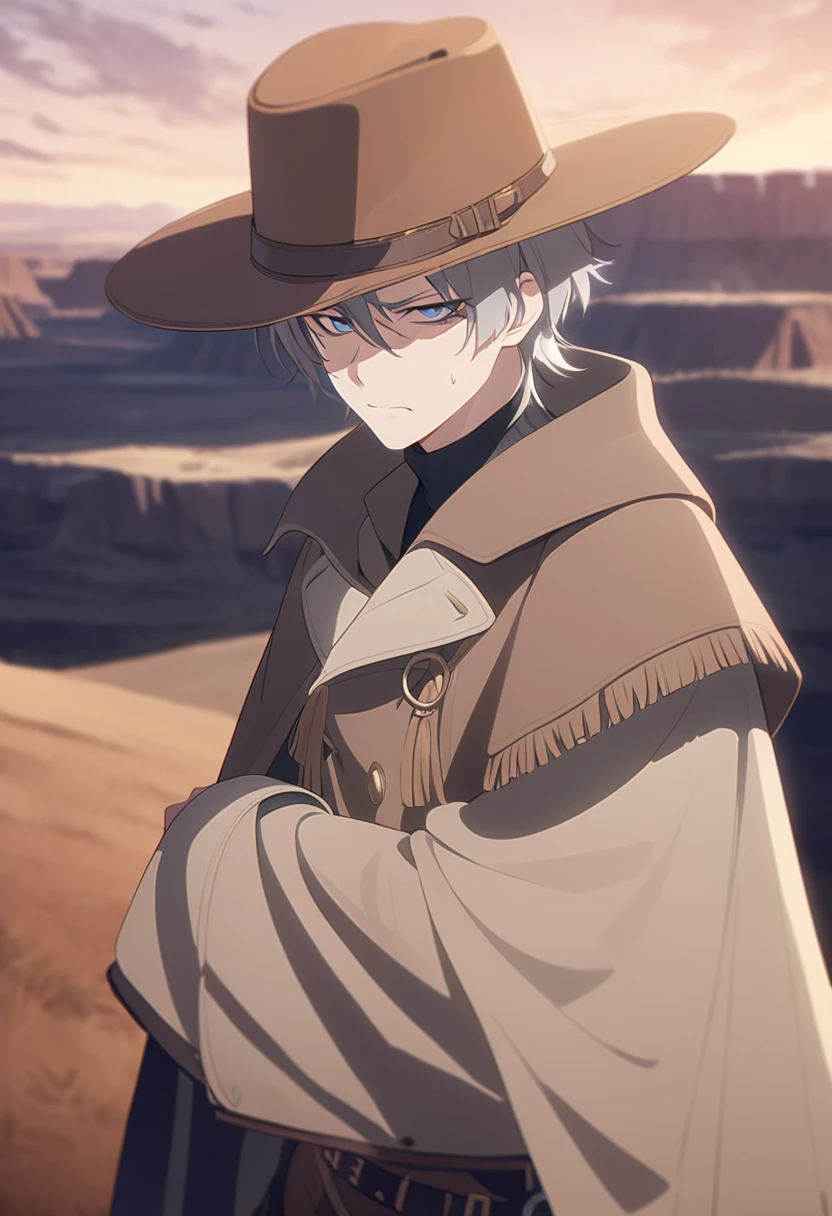 masterpiece,best quality,depth of field,8K,looking at the viewer,Dark and light gray hair,blue eyes,light brown chaps,dark brown poncho,갈색 Ten gallon hat,brown leather jumper,chic,wseifuku,male,sky,frowning,looking around,badlands,male,(charismatic eyes 1:1)