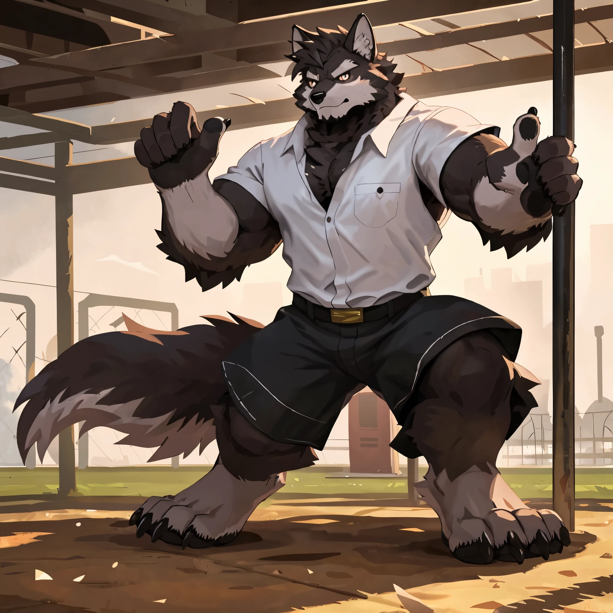 (Strong arms),(Strong legs),masterpiece, best quality, Official Art, Extremely detailed CG unified 8k wallpaper, Ultra Detailed, Best Illustration, , Ink fur, hairy male, Wolf Boy, hairy, Ink fur, 1 Boy,, male focus,, Striped hair, Wolf ears, Animal ears, Single speaker, Ink fur, Bangs, dark hair, White highlights, Medium Hair, Solitary, Ink tail,hairy尾巴,(Black pupil),High target,(In a school playground),,barefoot,(Sexy),((High target and strong)),side,(Delicate eyes:1.2),Inky eyes,male,Solitary,(Inky pupils),(Detailed face),(Sharp eyes),Permanent,(Detailed hands),(Foot details),aldult,type,Moderate,Long legs,(Detailed fingers),(Delicate eyes),(White shirt),(Black shorts),easy,