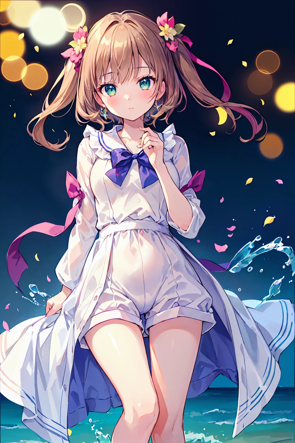 ((Highest quality, masterpiece)), Very delicate and beautiful, bright, cowboy_shot, from_Down, girl, woman, woman, young, 20-year-old, Shortcuts, Light brown hair, Delicate face, blush, Beautiful eyes in every detail, Small breasts, Beautiful feet,Thighs, greenの目, White skin, green_bow, Shorts, just_feet, White clothes, Very beautiful detailed water,Clear air,Down着見え,((Highest quality)), (Very detailed), (High-definition CG synthesis 8K wallpaper), 高いly detailed, 高い-definition raw color photos, Professional photography, (((Bokeh))), Written boundary depth,French kiss