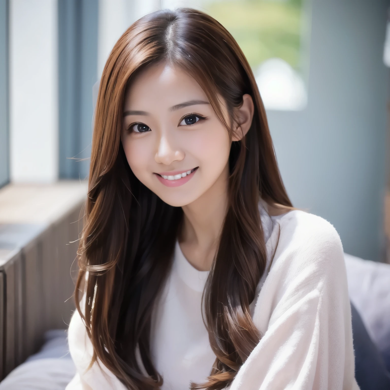 1girl, solo, long hair, forehead ,small face. crystal clear white skin,29yo,smiling ,portrait,high quality,8k,