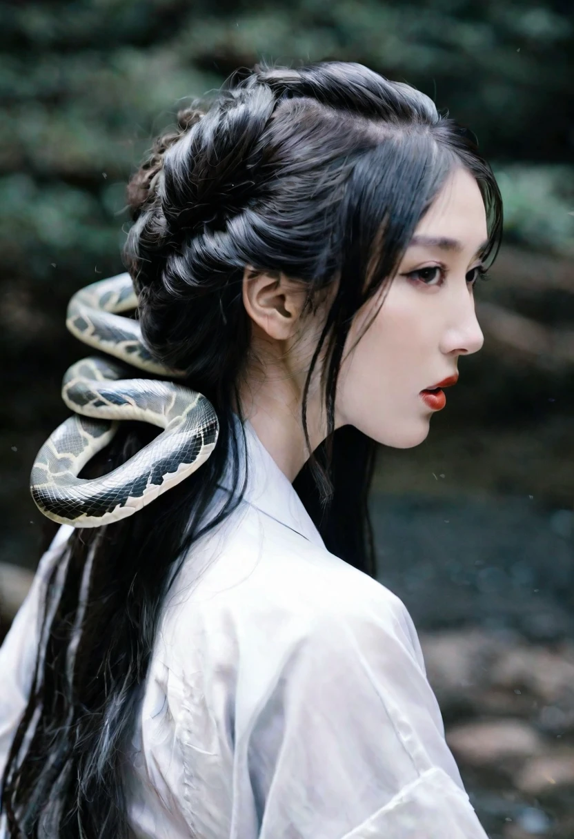 Apparition,Ghost,Girl, Two women,The ends of her hair are snake-shaped,A second mouth on the back of the head,One person,Lips on the back of the head, put your mouth on the back of the head,Beauty,Realistic Women, lovely,Japanese