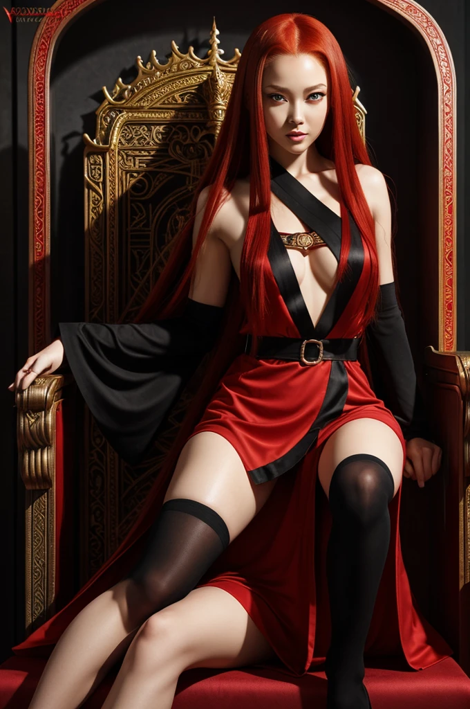 Beautiful light-skinned woman, demon traits, red eyes with slit pupil, long red hair, wears a red sleeveless kimono, wear short skirt, black stockings on her legs, His clothing highlights his well-defined body , she sees herself sitting on a throne, anime style art