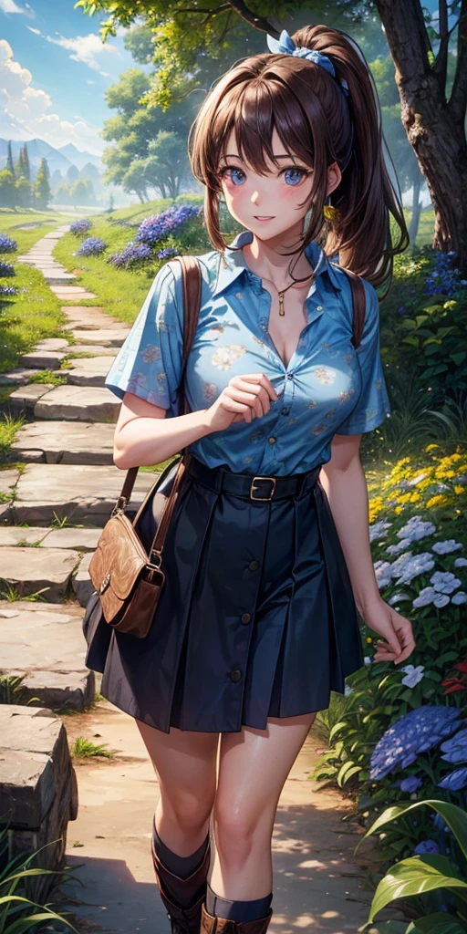 1girl, solo, rural landscape, stream, trees, sun, clouds, fantasy, hut, mushroom, path, brown hair, ponytail, long hair, large breasts, button down shirt, ((blue floral pattern shirt)), ((short sleeved shirt)), ((unbuttoned shirt)), unbuttoning buttons, cleavage 1:3, blue eyes, dark skirt, brown shoes, smile, looking at the viewer, standing, hair ribbon, golden necklate, glowing eyes, parted lips