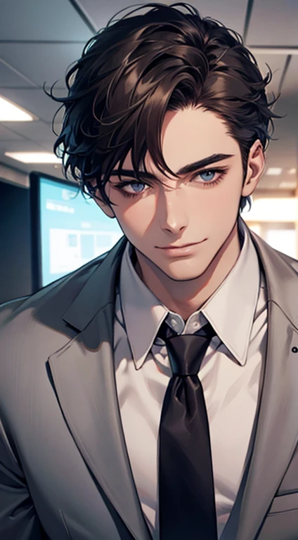 (Highest quality,4K,8K,High resolution,masterpiece:1.2),Super detailed,(Realistic,photoRealistic,photo-Realistic:1.37),1 person,31 years old,Mature Men,Beautiful skin, very handsome,Expressionless,smile in love,Short gray dark hair,blue eyes,Sharp Eyes,A perfect face without a doubt,Businessman, CEO,Office Background,Cinema Lighting,HDR image,tie、