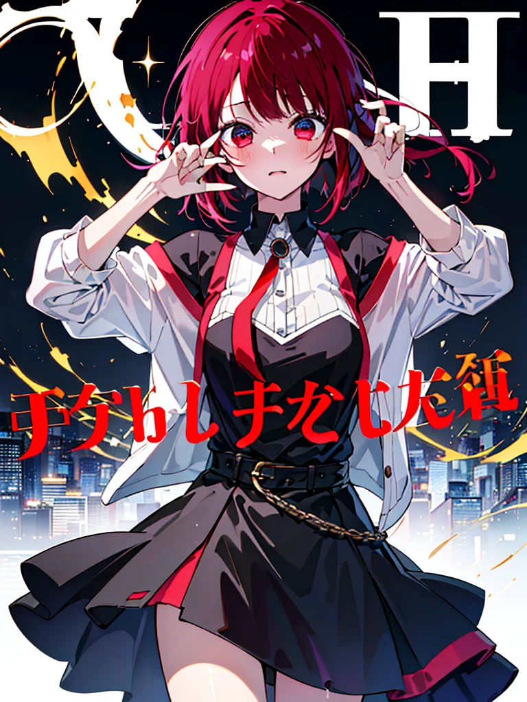 (masterpiece、top-quality、hight resolution)、 Kana Arima \(Oshinoko\), full of shyness、red hairs、Bob Hair、Star-like eyes、red blush、Wavy mouth、(((Dramatic)))、(((gritty)))、(((vehement))))The poster of the film appears as a central character。She is shy in the center of the poster、Wearing an idol costume、Has a determined look。The background is dark and rough、I feel like I'm drunk。Text is bold and eye-catching、Catchy slogans add to the overall drama and excitement。The color palette is dominated by dark colors.、Bright colors dotted、Make your poster dynamic and visually impactful、Tachi- e(magazine:1.3)、(cover-style:1.3)、Fashionable、with a vibrant、outfits、the pose、the front、colourfull、Dynamic、Background with、element、self-assured、Expressively、ngel、statement、attachment、An majestic、coiled、surroundings、Touch、The scene、Texto、covers、boldface、grab attention、Titles、lo fashion、Font、Catchy、Titles、Large、grab attention、moderno、 Trendy、concentrating、Stylish、1 girl in