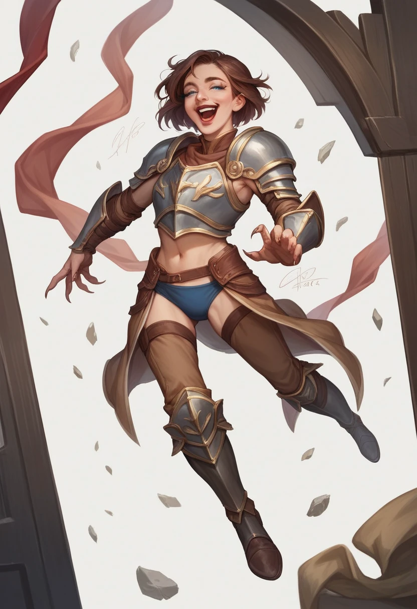 Full body sketch in a pose of Latin woman Kari Arryn, perfectly shaded body, 21 years old, short brown hair, laugh, blue eyes, long eyelashes, perfectly outlined eyebrows, bronze armor, long nails, brown hands, burnished skin, sight interior, big open mouth, beauty, red lips, white background, clean, detailed, realistic and perfect proportions from a SFW digital art illustrator.