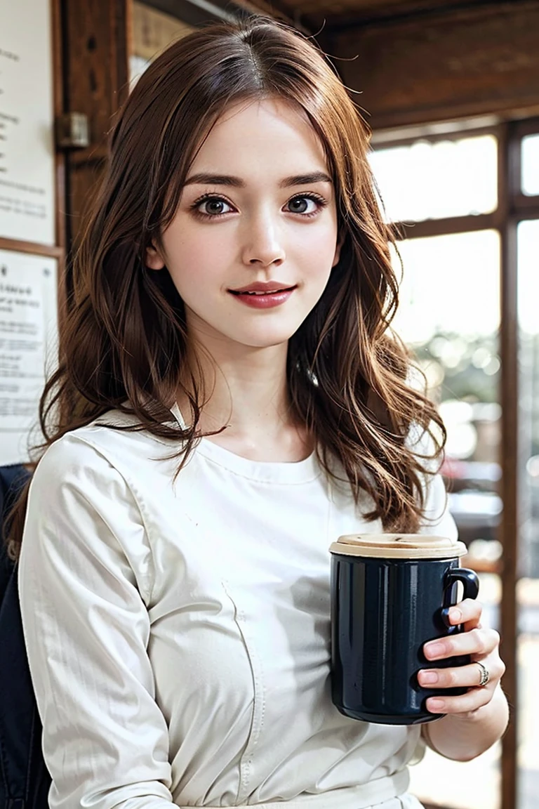(Preserve face images), pale face:1.3、Super thin face:1.3, (very big eyes:1.5)、 (blown eyes:1.5), master piece、8K, {highest quality}, {{masterpiece}}, {very delicate and beautiful}, outstanding light and shadow, highly detailed wallpaper, clear and bright sパフスリーブリサイクルシルクブラウス、High-waisted hemp blend shorts、Vegan Suede Penny Loafers、Fairtrade Cotton Canvas Satchel、Eco-friendly shell ring Toothless smile:1,5), Drinking coffee in a cafe in Shibuya:1.3