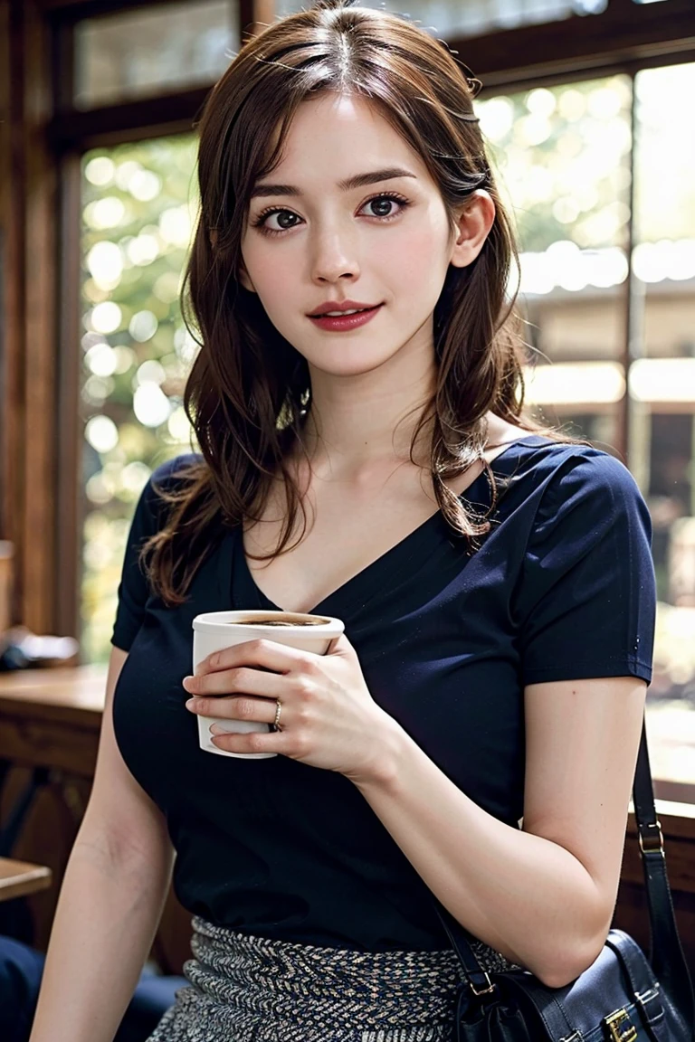 (Preserve face images), pale face:1.3、Super thin face:1.3, (very big eyes:1.5)、 (blown eyes:1.5), master piece、8K, {highest quality}, {{masterpiece}}, {very delicate and beautiful}, outstanding light and shadow, highly detailed wallpaper, clear and bright sパフスリーブリサイクルシルクブラウス、High-waisted hemp blend shorts、Vegan Suede Penny Loafers、Fairtrade Cotton Canvas Satchel、Eco-friendly shell ring Toothless smile:1,5), Drinking coffee in a cafe in Shibuya:1.3
