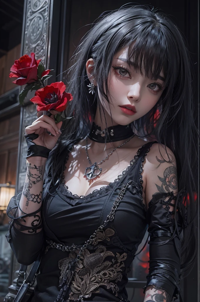Highest quality、、masterpiece：1.3、Gothic Punk、Red inside、Gray Black Hair、hair ornaments、beautiful girl、creative、Punk Shirt、Neogoth、Goth Fashion：1.2、High resolution、masterpiece、Highest quality、頭w:1.3、((Hasselblad Photos))、Fine skin、Sharp focus、(Cinema Lighting)、Explore Tokyo&#39;The city at night beyond the neon lights, Forehead open, 29-year-old、Petting&#39;Hair back、Shoulder Bare、Small red rose tattoo on the décolletage