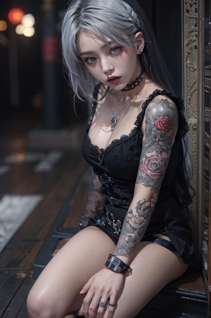 Highest quality、、masterpiece：1.3、Gothic Punk、The inner  is red、Gray Black Hair、hair ornaments、beautiful girl、creative、Punk Shirt、Neogoth、Goth Fashion：1.2、High resolution、masterpiece、Highest quality、頭w:1.3、((Hasselblad Photos))、Fine skin、Sharp focus、(Cinema Lighting)、Explore Tokyo&#39;The city at night beyond the neon lights, Forehead open, 17 years old、Petting&#39;Hair back、Shoulder Bare、Small red rose tattoo on the décolletage、Just one tattoo