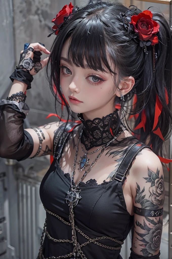 Highest quality、、masterpiece:1.3、Gothic Punk、The inner is red、Gray Black Hair、hair ornaments、beautiful girl、creative、Punk Shirt、Neogoth、Goth Fashion:1.2、High resolution、masterpiece、Highest quality、頭w:1.3、((Hasselblad Photos))、Fine skin、Sharp focus、(Cinema Lighting)、Explore Tokyo'The city at night beyond the neon lights, Forehead open, 17 years old、Petting'Hair back、Shoulder Bare、Small red rose tattoo on the décolletage、Just one tattoo