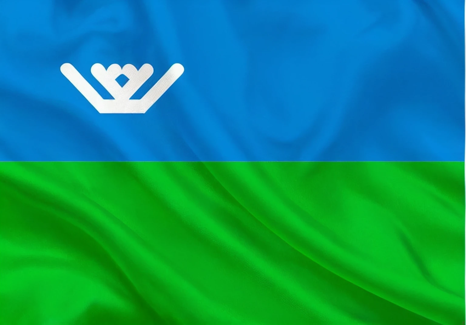 a flag of Khanty-Mansiysk Autonomous District with a white crown on top, vexillology, blue and green, beautiful image, 1128x191 resolution, rendered image, green and blue, blue and green colours, lozhkin, kazakh, yan gisuka, inspired by Vladimir Borovikovsky, historical