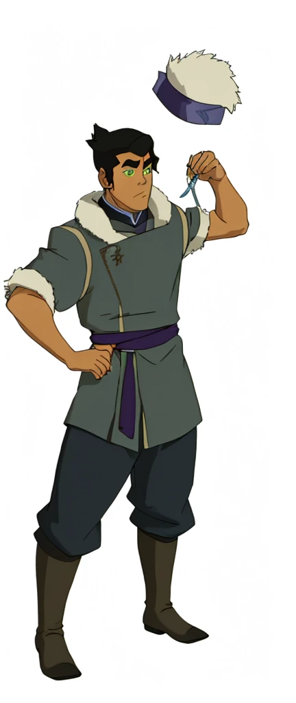 African-American, Bolin, water tribe traditional clothing mixed of blue and purple, with fur in shoulders and neck. Long sleeve, skinny, water tribe outfit. The character is wearing a blue, short-sleeved tunic with gold trim and fastenings down the front and fur collar, and fur on the shoulders. He has on dark purple pants tucked into knee-high boots. A green sash is tied around his waist. The overall style appears to be inspired by traditional East Asian clothing designs.