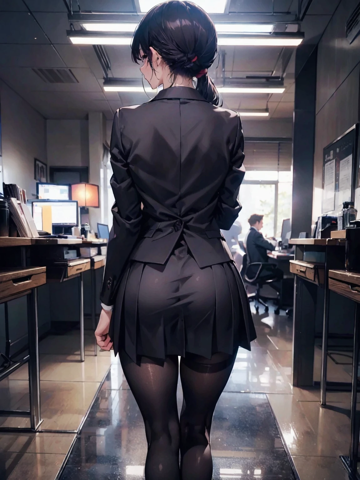 there is a woman in a short black dress walking down a hallway, wearing a formal suit, in a strict suit, in strict suit, (sfw) safe for work, in the office, thigh and skirt, office clothes, girl in suit, wearing tight suit, looking from behind, tight costume, wearing headmistress uniform, ready for a meeting, can see your red