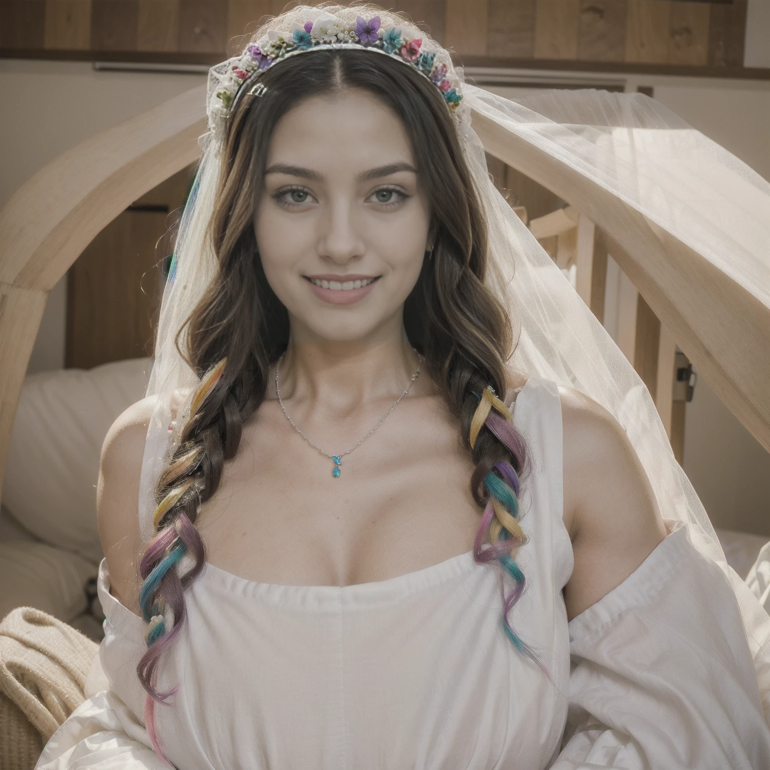Beautiful big gorgeous queen awesome smiling face looks like American wedding dress headwear she has long curl colorful hairs clear face wearinng necklace white wedding bride dressing, beautiful hairband