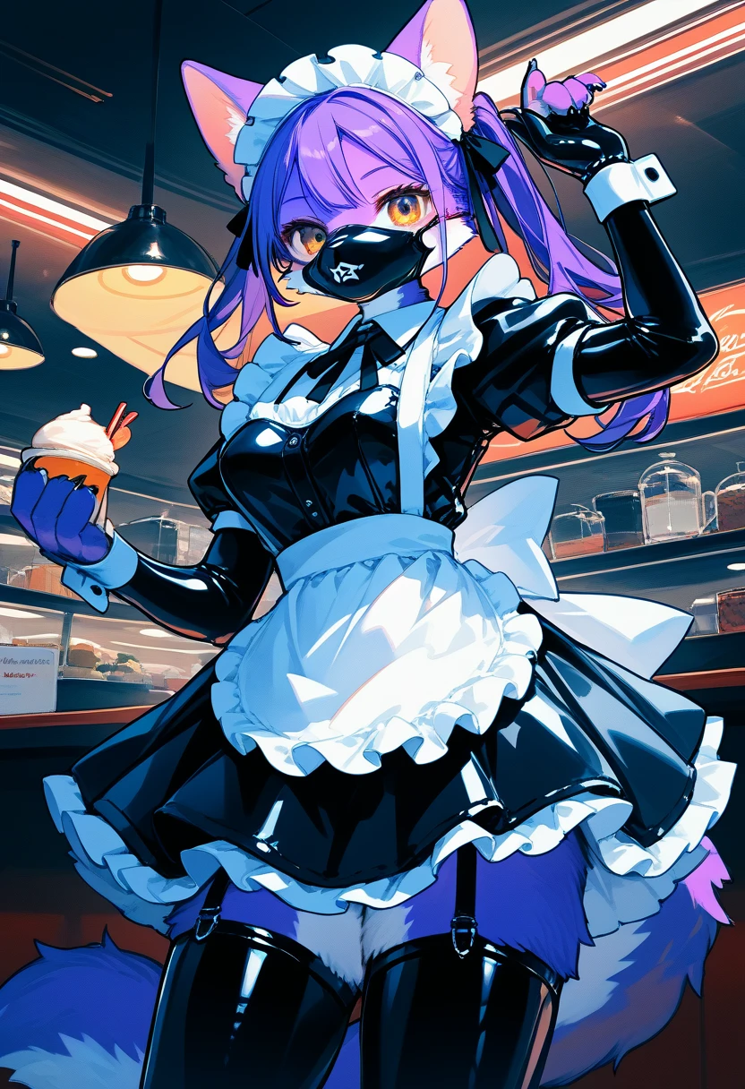Highest quality, Highest quality, High quality illustrations, masterpiece, Ultra-high resolution, Detailed Background, Cafe, Absurd, Perfect Anatomy, performance, Good lighting, Shadows in the movies(kemono, Furry Personifi猫ion), Blueskin, Rubber suit, Rubber suit, latex, neon, neonライト, neonカラー, Rubber maid outfit, ribbon, Rubber mask