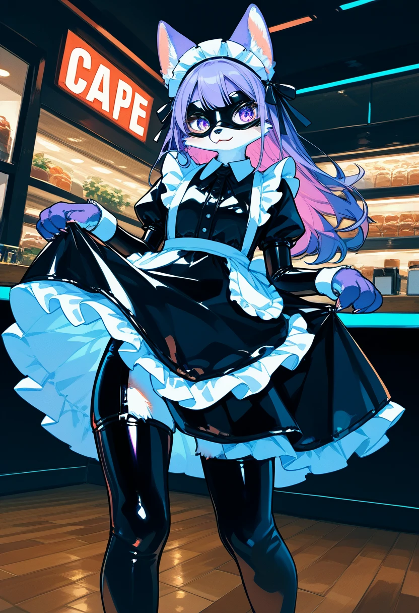 Earth pony, white mane,light blue cybernetic eyes, cybernetic body,black sclera ,black body color long mane ,pony smiling ,horny pink heart eyes maid outfit pussy sex with stallion,
