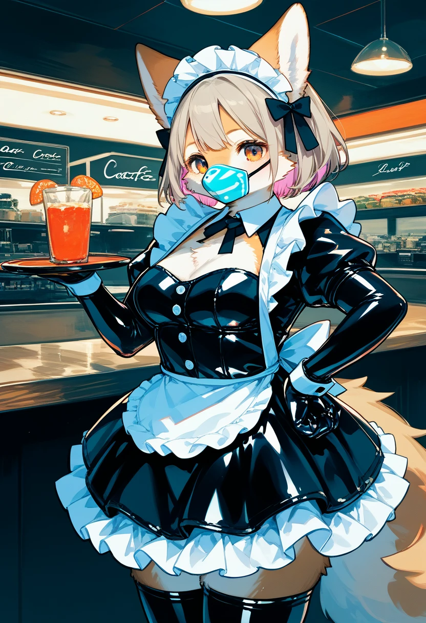 Highest quality, Highest quality, High quality illustrations, masterpiece, Ultra-high resolution, Detailed Background, Cafe, Absurd, Perfect Anatomy, performance, Good lighting, Shadows in the movies(kemono, Furry Personifi猫ion), White Skin, Rubber suit, Rubber suit, latex, neon, neonライト, neonカラー, Rubber maid outfit, ribbon, Rubber mask