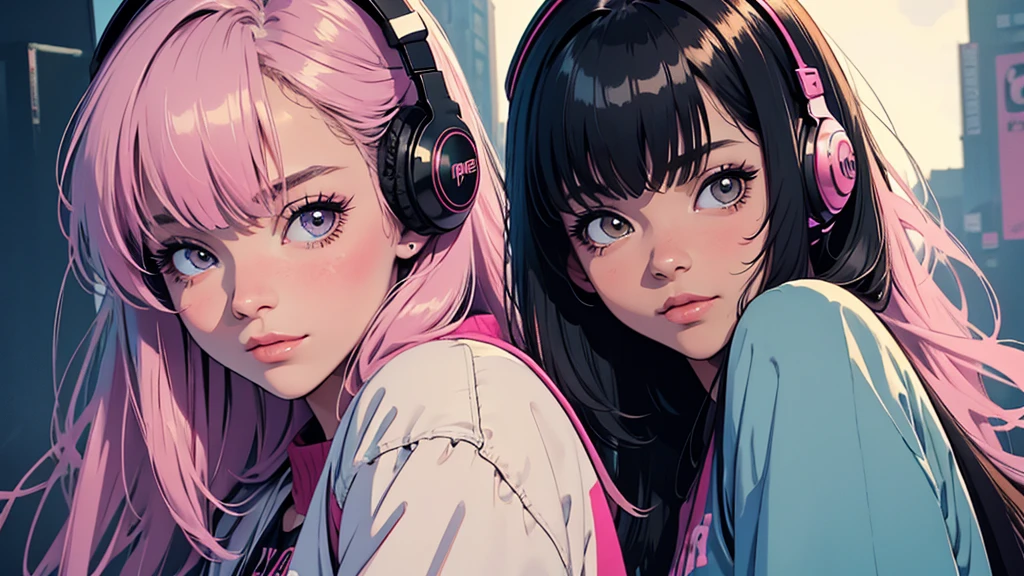 lofi, Battle DJ girl in HIPHOP fashion wearing DJ headphones, High resolution,Super detailed,Realistic,Portraiture,White women,18-year-old,Black Hair, bangs,Hazel Iris,Toned Up,Physically slim,Realistic proportions,Anatomically correct,university student,smile, Pink Cheeks; Intimate distance,Dark soft lighting,hiphop girl,Neon Hair,Textured Trim, (masterpiece,Highest quality),