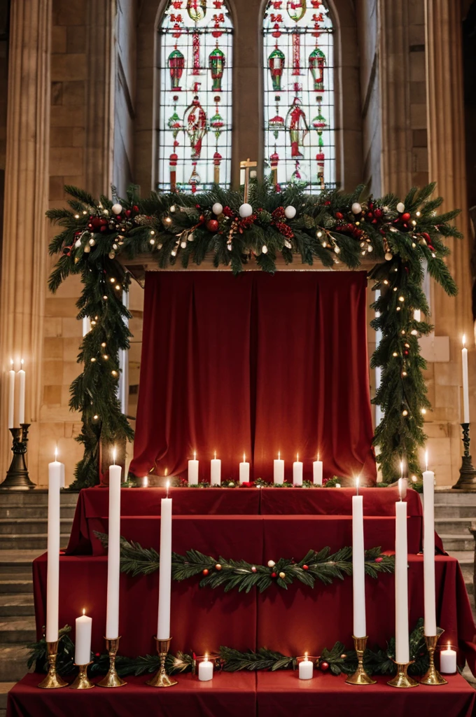 "A festive setup inside a church with red and green cloths draped over the altar, white candles in elegant holders, and a centerpiece of holly and berries on the altar table."