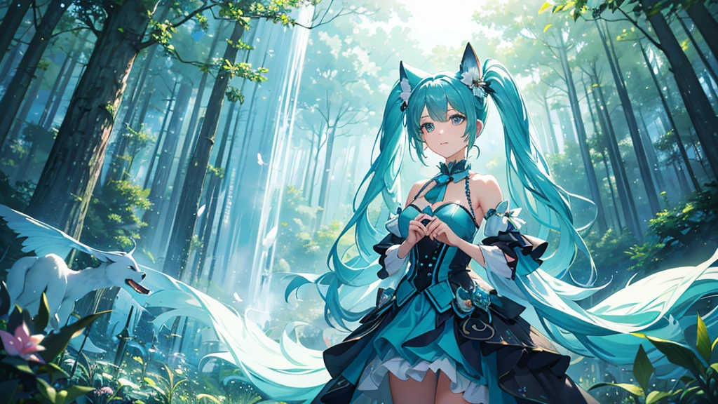 A whimsically enchanting girl, reminiscent of the character Hatsune Miku, stands gracefully beside a majestic fox in a captivatingly mystical forest. The girl, dressed in vibrant shades of aqua and teal, sports long turquoise twin-tails and a magical aura that mirrors the fox's ethereal presence. This narrative-rich scene, possibly a detailed digital painting, immerses the viewer in a thrilling world where fantasy and reality seamlessly intertwine, showcasing the impeccable craftsmanship and artistry of the creator